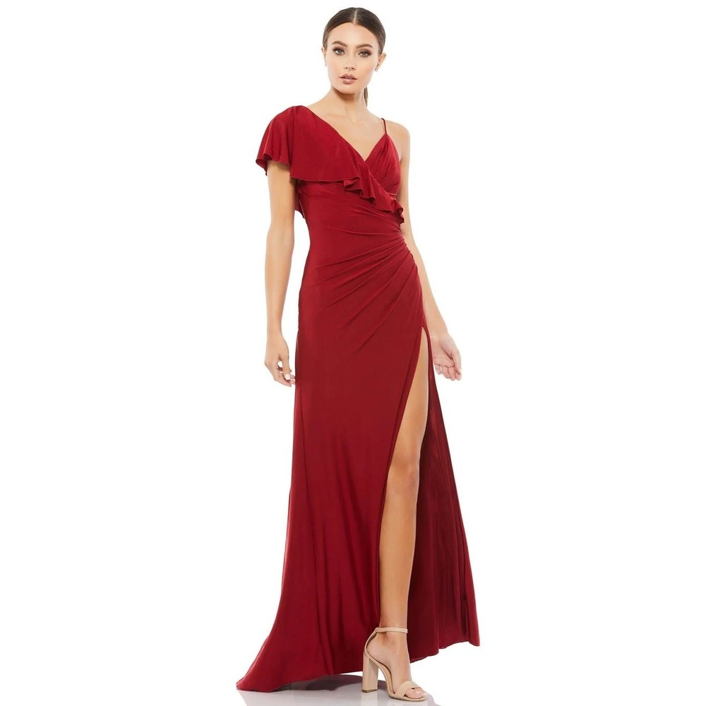 Mac Duggal 11257 Ruffle One Shoulder Evening Gown Burgundy Wine Maxi Dress